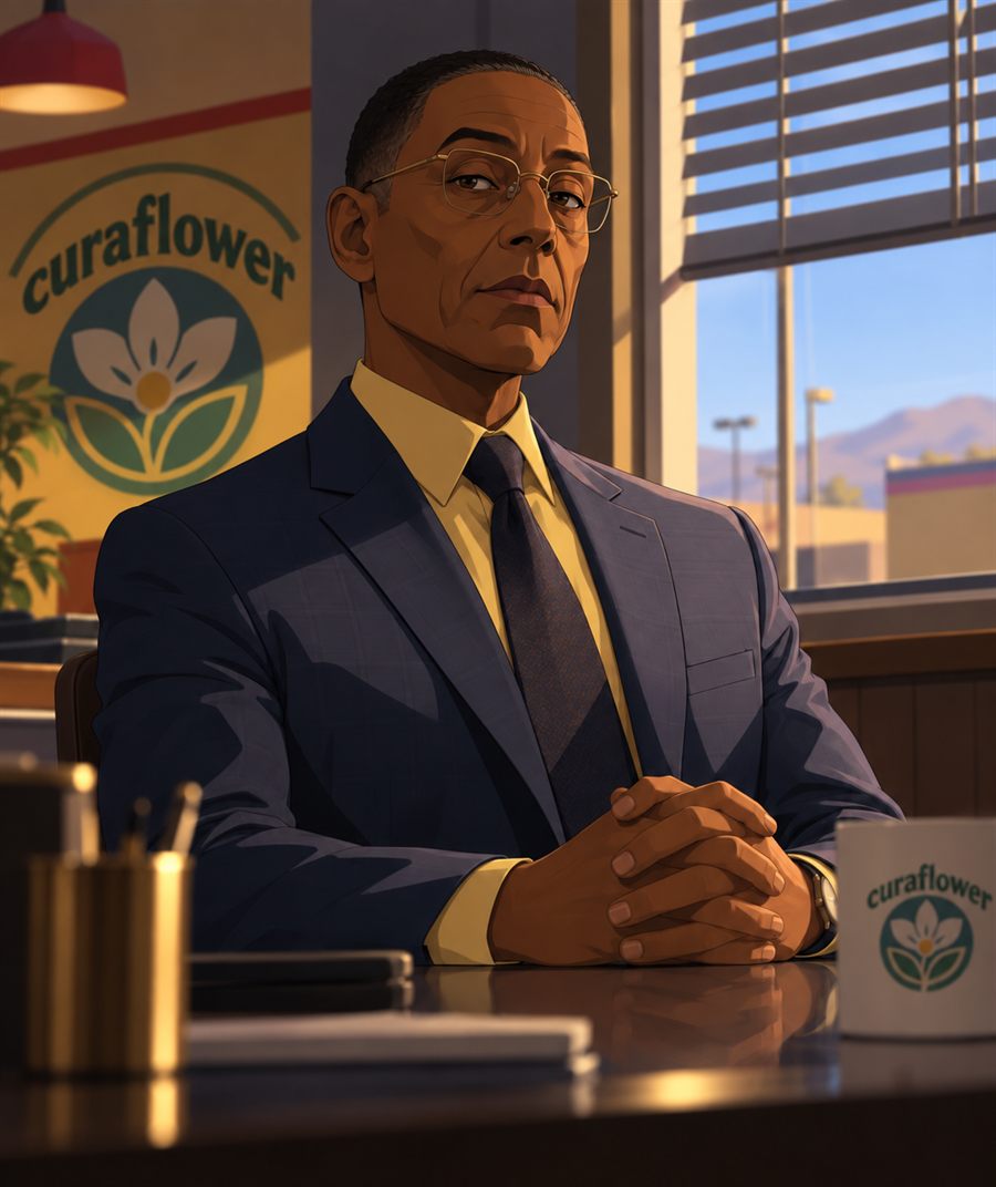 Illustration of a man in a suit seated at a desk, with the Curaflower logo on the wall and on a mug