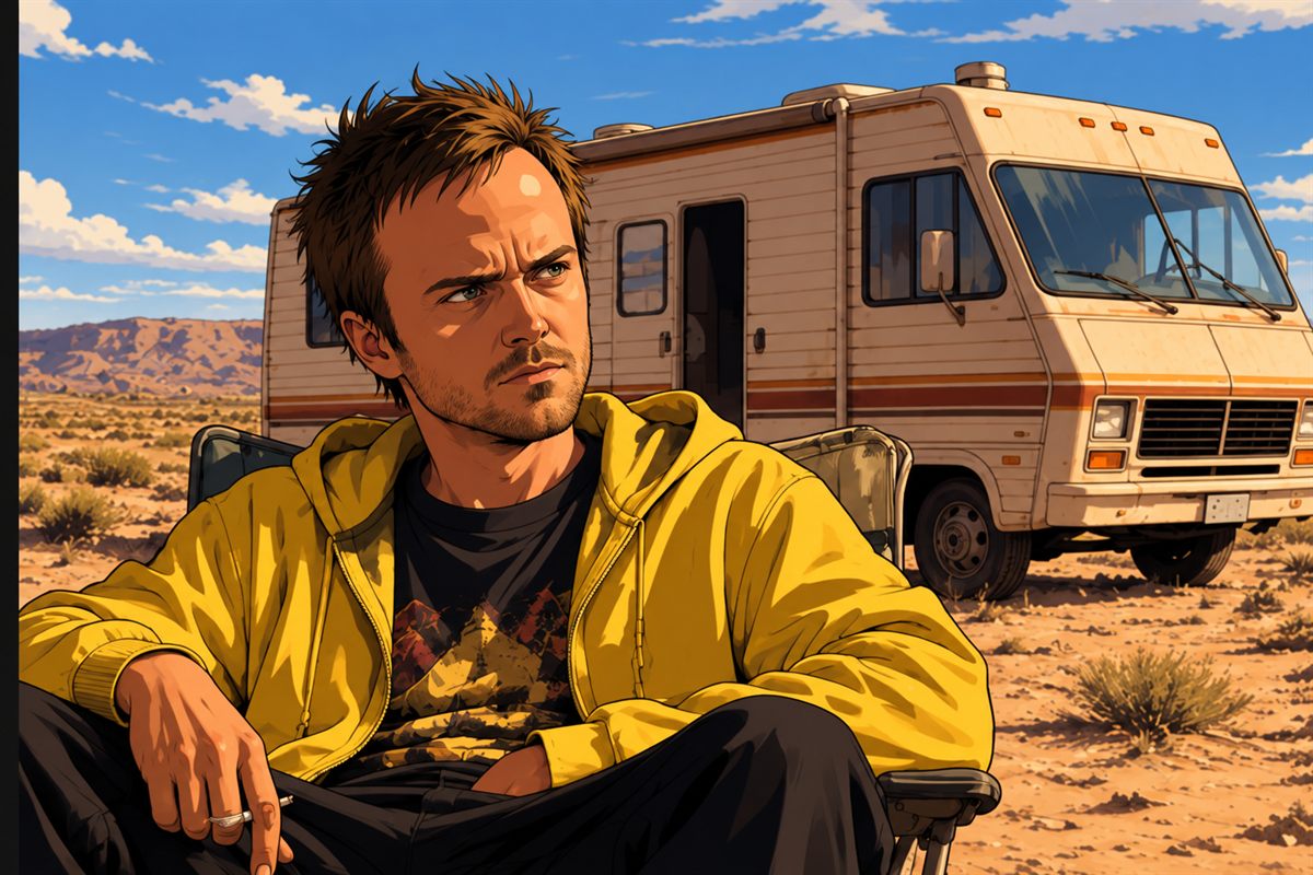 Illustration of a young man in a yellow hoodie sitting in a camping chair in the desert, with an old RV behind him
