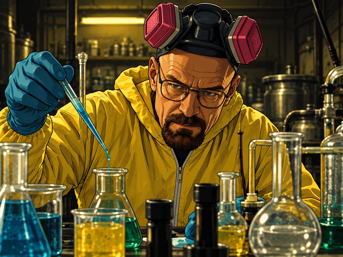 Illustration of a man in a yellow protective suit and respirator carefully measuring liquid into lab glassware